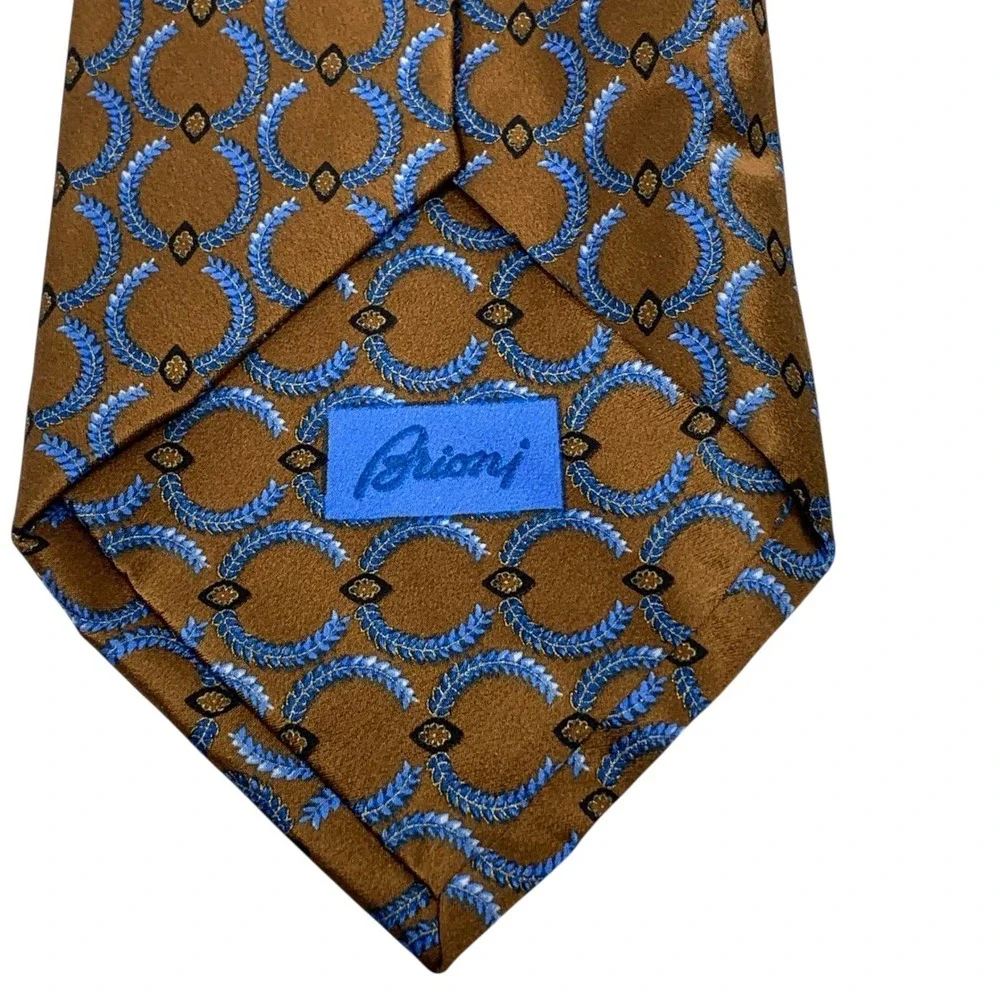 Brioni Men's Handmade Silk Tie Brown Blue Circle Leaf Design Designer‎ Necktie
